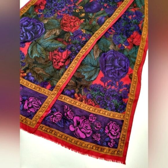 Adrienne Vittadini Vintage Long Floral Fringe Silk Scarf - Picture 5 of 15